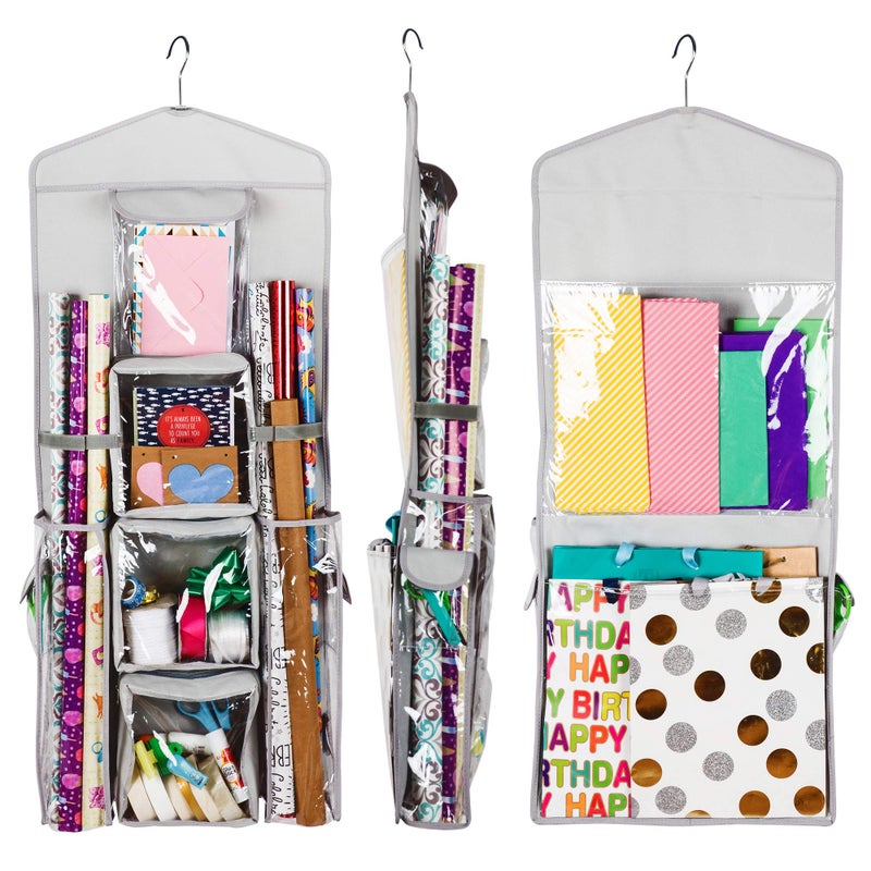 Regal Bazaar Double-Sided Hanging Gift Bag and Gift Wrap Organizer (Light Grey) - Image 1